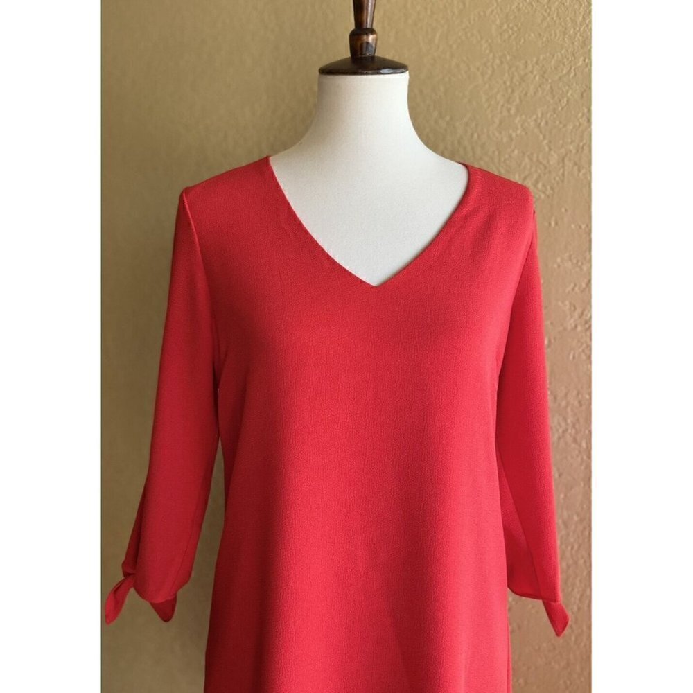Charles Henry Red Women's Size Small S Tie Sleeve V-neck Crepe Shift Dress - Picture 11 of 11
